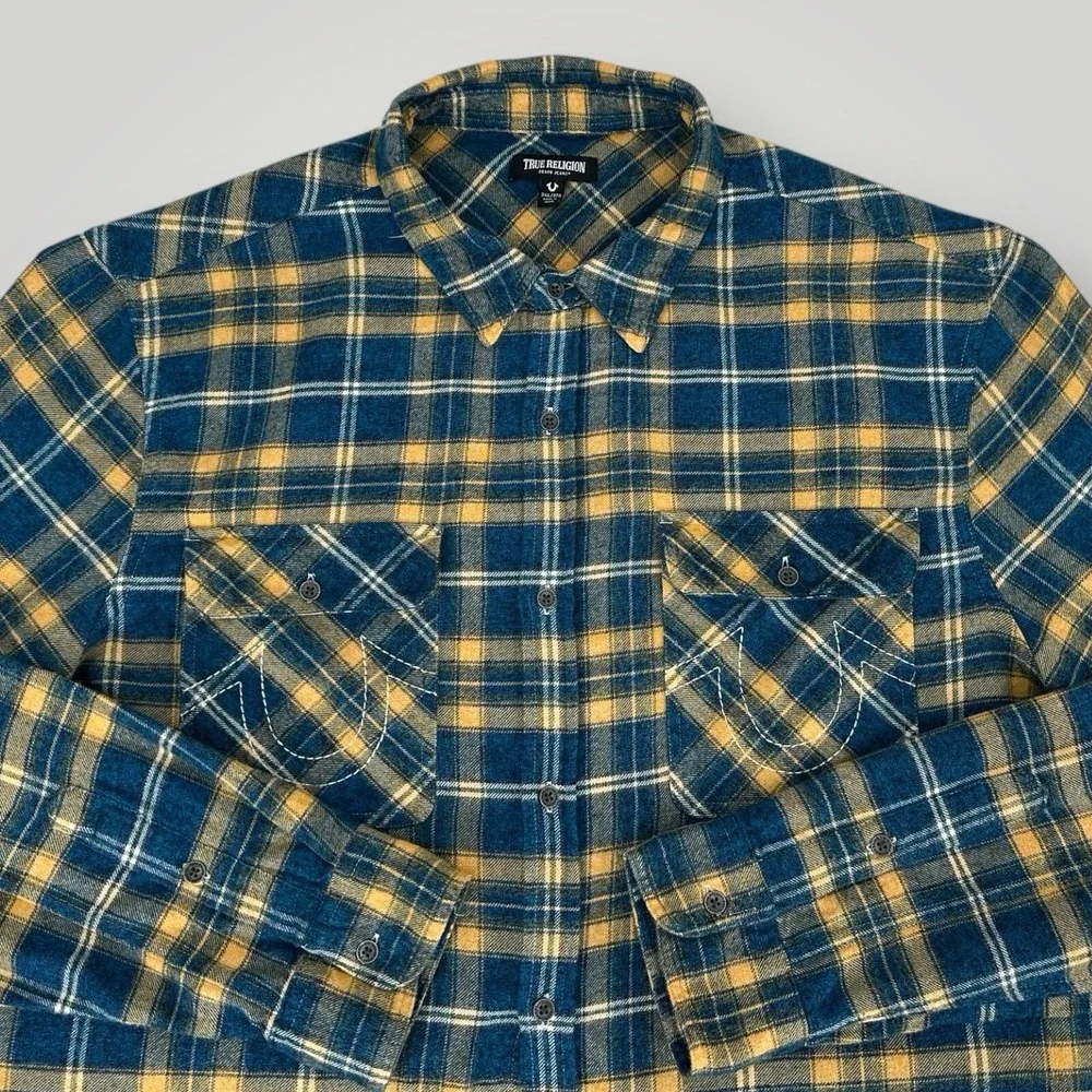 True‎ Religion Plaid Flannel Shirt Mens 3XL Western Horseshoe Logo Long Sleeves